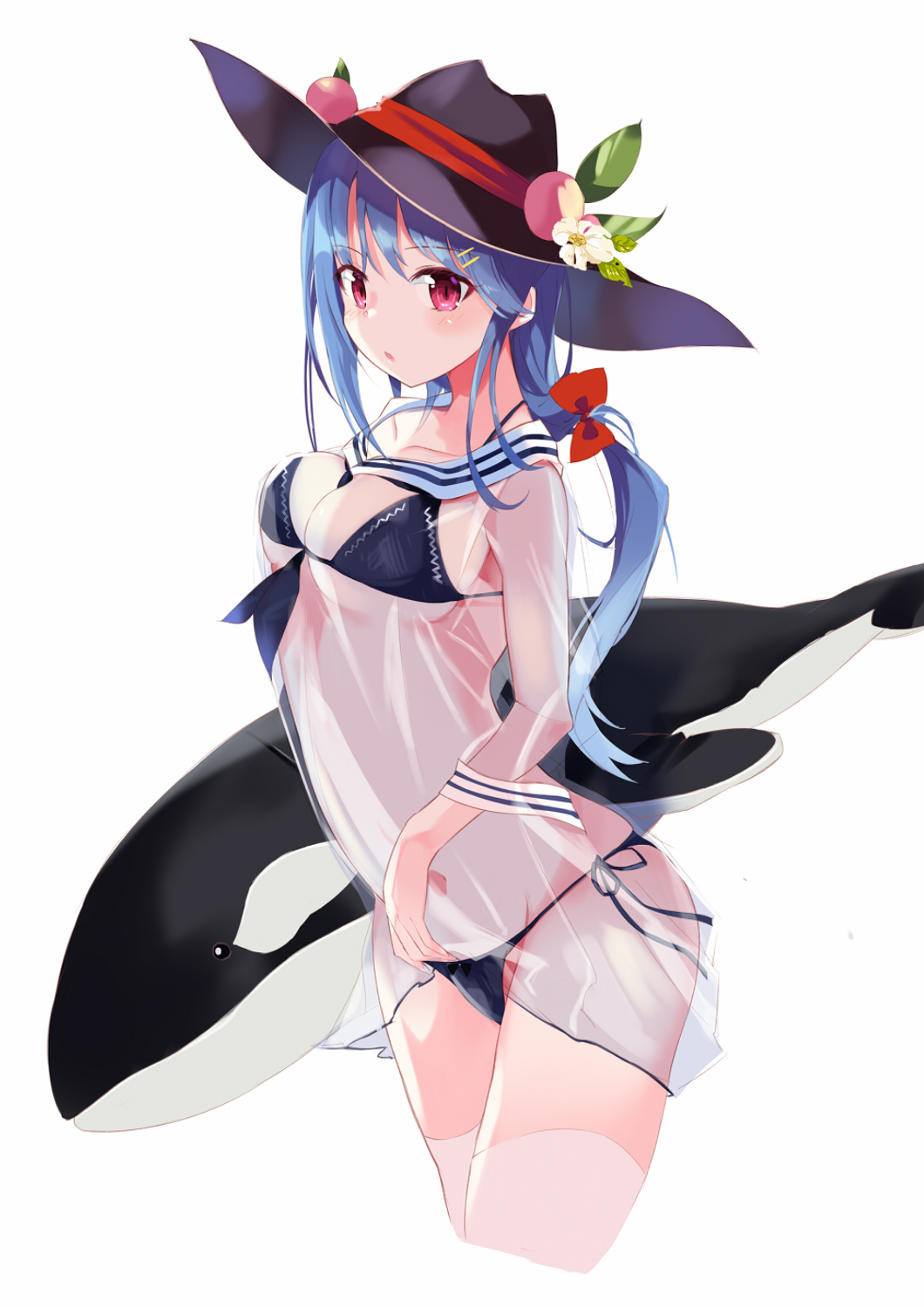 bikini black_hat black_swimsuit blue_hair breasts cleavage commentary_request cowboy_shot flower food fruit hat highres hinanawi_tenshi large_breasts leaf light_blush long_hair looking_at_viewer navel open_mouth orca peach red_eyes red_ribbon ribbon sailor_collar see-through standing swimsuit tetsurou_(fe+) touhou white_flower