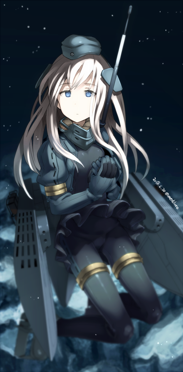 blonde_hair blue_eyes bodysuit cropped_jacket dated full_body garrison_cap hat highres kantai_collection long_hair long_sleeves machinery military military_uniform night night_sky outdoors puffy_long_sleeves puffy_sleeves rigging rock sakura_(medilore) sitting sky solo star_(sky) starry_sky twitter_username u-511_(kantai_collection) uniform