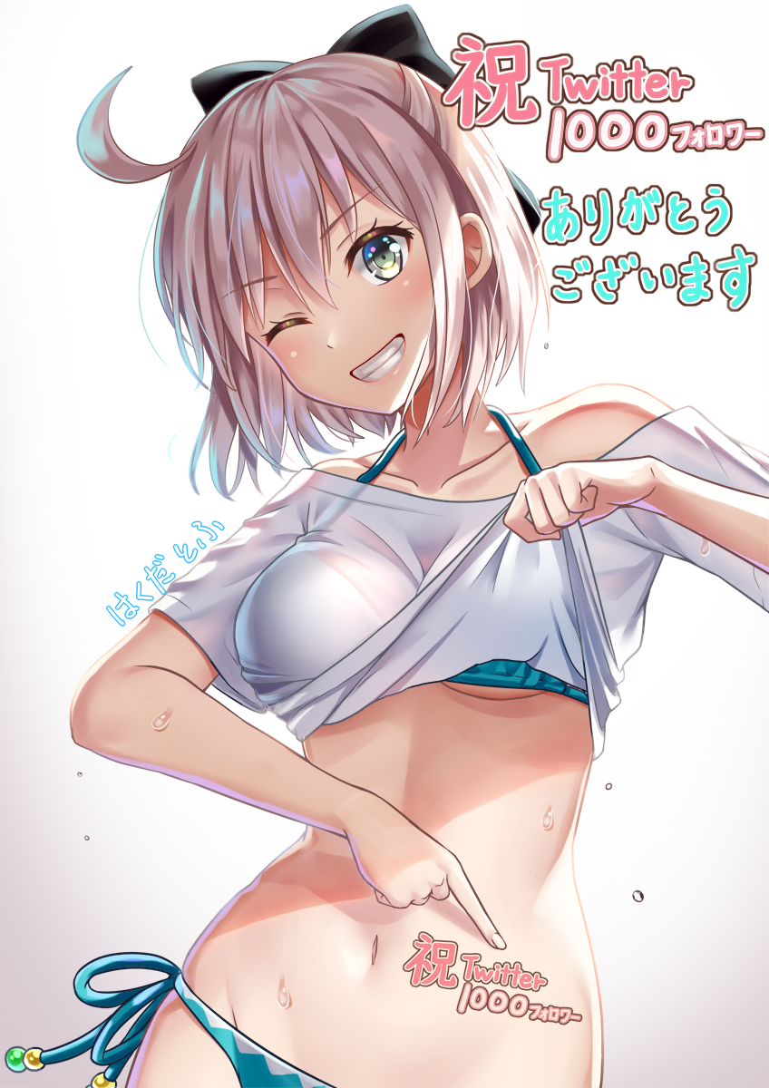 ;) ahoge bare_shoulders bikini bikini_under_clothes black_bow blue_bikini bow breasts clenched_teeth collarbone commentary fate/grand_order fate_(series) gradient gradient_background green_eyes grey_background hair_bow hakuda_tofu highres koha-ace lifted_by_self looking_at_viewer medium_breasts navel okita_souji_(fate) okita_souji_(fate)_(all) one_eye_closed shirt short_hair side-tie_bikini silver_hair smile solo sweat swimsuit t-shirt teeth translated white_background white_shirt