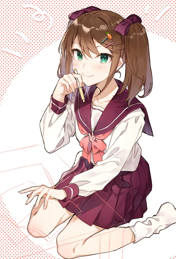 bangs blush bow brown_hair collarbone eyebrows_visible_through_hair green_eyes hair_between_eyes hair_bow hair_ornament hairclip hand_on_leg idolmaster idolmaster_side-m long_sleeves looking_at_viewer male_focus mizushima_saki neckerchief otoko_no_ko pen pleated_skirt red_bow red_neckwear red_sailor_collar red_skirt ribbon sailor_collar school_uniform serafuku shirako_miso shirt simple_background sitting skirt smile socks solo twintails white_shirt