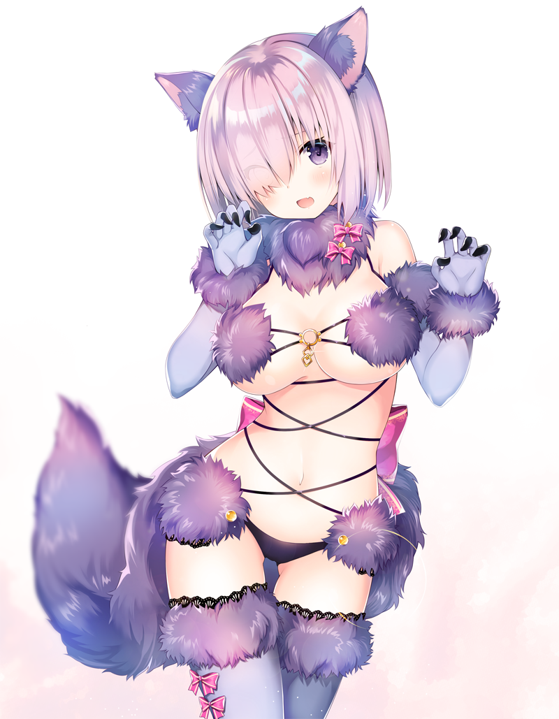 animal_ears breasts claw_pose commentary_request contrapposto dangerous_beast elbow_gloves fate/grand_order fate_(series) fur_collar fur_trim gloves hair_over_one_eye kanora large_breasts looking_at_viewer mash_kyrielight navel o-ring purple_eyes purple_gloves purple_hair purple_legwear revealing_clothes short_hair simple_background smile solo standing tail thigh_gap thighhighs white_background wolf_ears wolf_tail