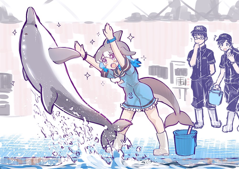 1boy 2girls :d alternate_footwear arms_up baseball_cap black_hair blowhole blue_hair blush boots bracelet bucket commentary common_bottlenose_dolphin_(kemono_friends) dolphin dolphin_tail dress eyebrows_visible_through_hair frilled_dress frills grey_hair hat japari_symbol jewelry kemono_friends leaning_forward mojibake_commentary multicolored_hair multiple_girls neckerchief open_mouth ponytail rubber_boots sailor_collar short_hair short_sleeves smile sparkle splashing star tanaka_kusao uniform watch water