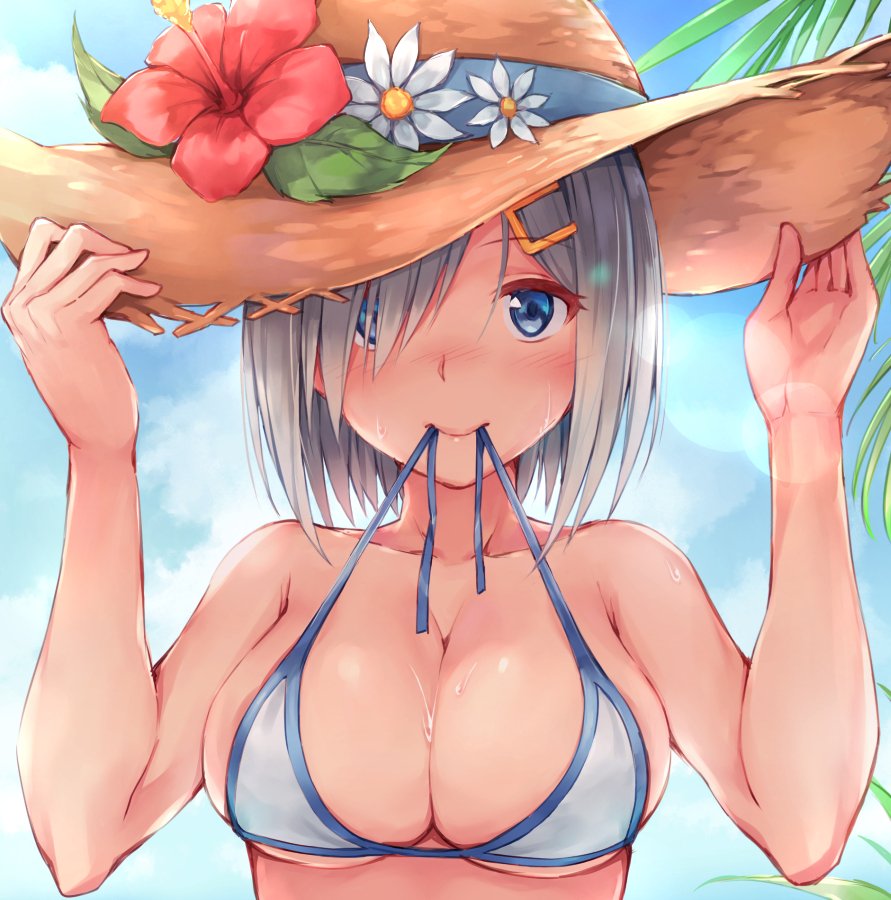 bikini blue_bikini blue_eyes blush breasts cleavage closed_mouth collarbone day flower fumikiri hair_ornament hair_over_one_eye hairclip hamakaze_(kantai_collection) hands_on_headwear hat hat_flower kantai_collection large_breasts looking_at_viewer mouth_hold outdoors short_hair silver_hair skindentation smile solo sun_hat swimsuit untied untied_bikini upper_body