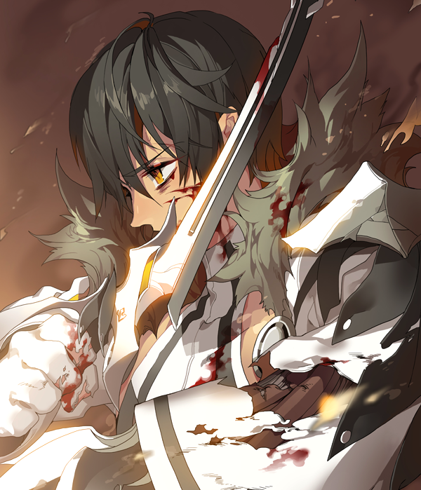 black_hair blade_master_(elsword) blood blood_stain bruise elsword fur_trim holding holding_weapon injury male_focus mechanical_arm pika_(kai9464) profile raven_(elsword) short_hair solo sword torn_clothes upper_body weapon yellow_eyes