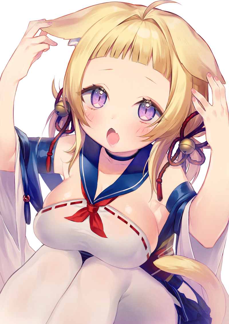 a ahoge animal_ear_fluff animal_ears ariake_(azur_lane) azur_lane bangs bell blonde_hair blunt_bangs blush breasts choker cleavage commentary_request fang flower_knot hair_bell hair_ornament jingle_bell large_breasts open_mouth pantyhose purple_eyes ribbon_trim sailor_collar shirako_sei short_hair simple_background sitting slit_pupils solo tail tassel white_background white_legwear wide_sleeves
