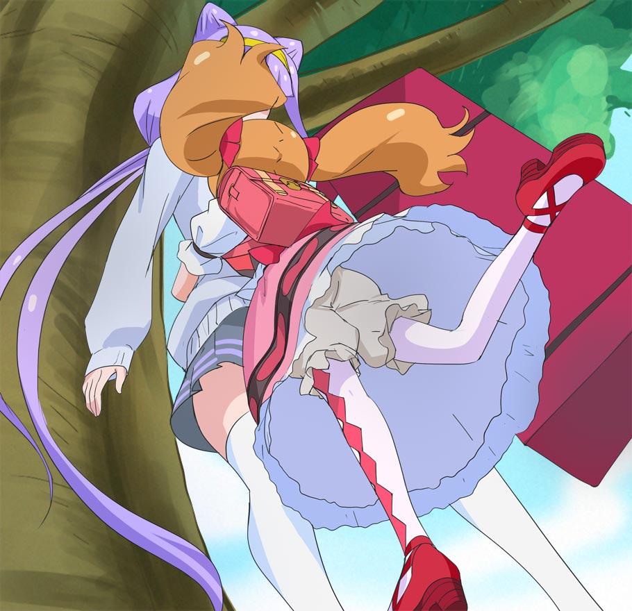 aisaki_emiru bloomers blue_sky bow brown_hair cloud day from_behind from_below grey_bloomers grey_skirt hair_bow hairband haruyama_kazunori hug hugtto!_precure long_hair long_sleeves low_twintails multiple_girls outdoors pantyhose pink_skirt precure purple_hair red_bow ruru_amour short_hair skirt sky standing thighhighs tree twintails underwear white_legwear yellow_hairband