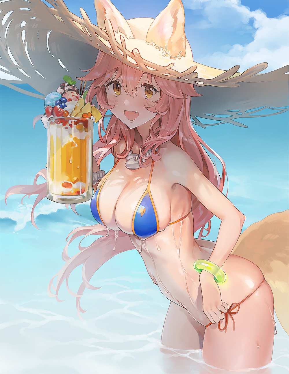 ameyame animal_ears bangs bare_shoulders bikini blue_bikini blue_sky blueberry blush bracelet breasts cleavage collarbone commentary cup day ears_through_headwear fang fate/extra fate/grand_order fate_(series) food fox_ears fox_tail fruit hair_between_eyes hat highres hips ice_cream jewelry large_breasts long_hair looking_at_viewer mint mug navel necklace ocean open_mouth outdoors peach pink_hair pocky sky smile solo strawberry sun_hat swimsuit tail tamamo_(fate)_(all) tamamo_no_mae_(swimsuit_lancer)_(fate) thighs wading wet yellow_eyes