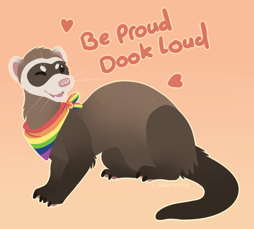 &lt;3 ambiguous_gender black_eyes brown_fur claws cute english_text feral ferret fur gay_pride happy mammal mostly_nude mustelid one_eye_closed open_mouth open_smile pink_background pink_nose simple_background smile source_request stated_homosexuality text toe_claws unknown_artist whiskers white_fur wink