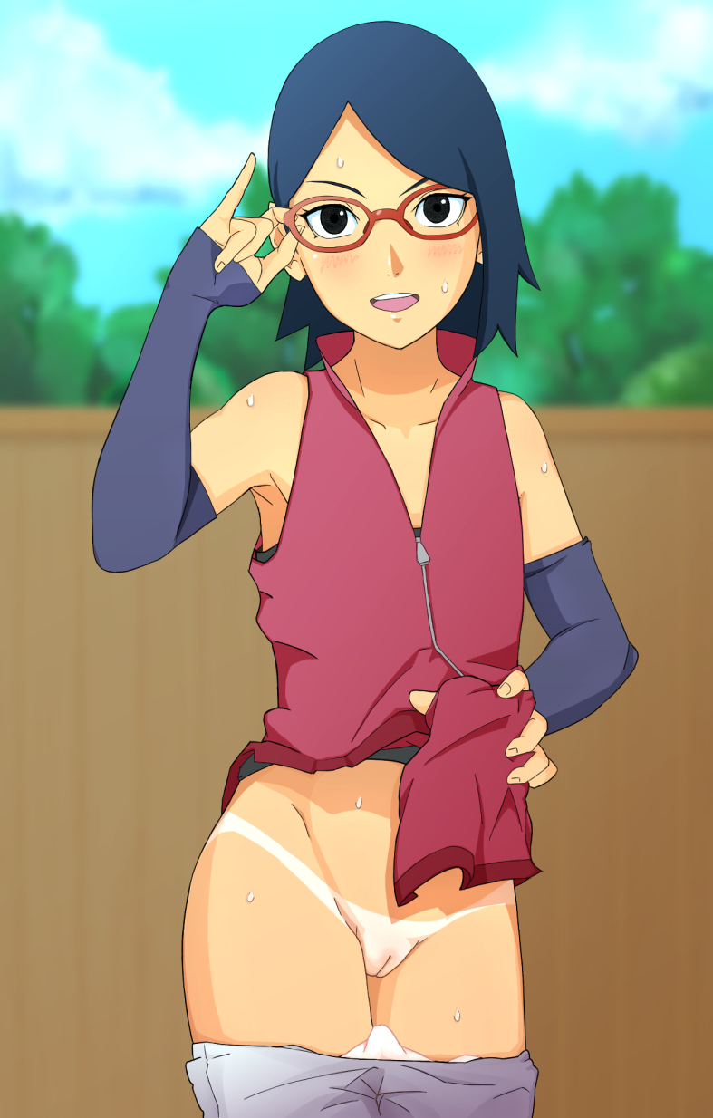 1girl bare_shoulders black_eyes black_hair boruto:_naruto_next_generations brown_wall collarbone female flat_chest glasses gloves hilopon_(user_hjxp2347) naruto open_clothes open_mouth outside pants pants_down pussy red-framed_eyewear shirt sleeveless_shirt solo sweat tan tanline uchiha_sarada uncensored underwear unzipped white_panties zipper