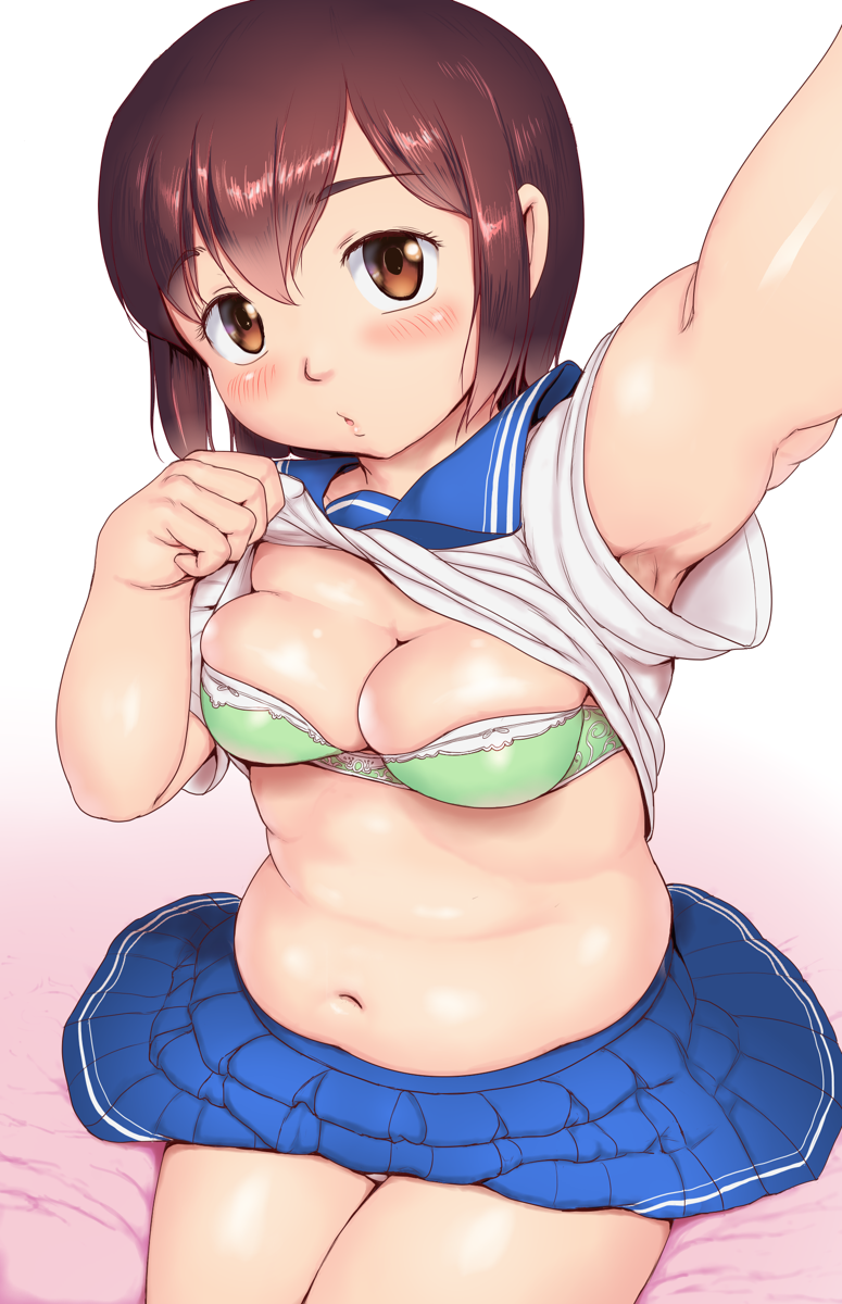 :o arm_up armpit_peek bangs belly blue_skirt blush bra breasts brown_eyes brown_hair cleavage commentary_request cropped_legs eyebrows_visible_through_hair foreshortening gradient gradient_background green_bra hair_between_eyes head_tilt highres lifted_by_self looking_at_viewer medium_breasts muffin_top navel original orizen outstretched_arm panties pantyshot pantyshot_(sitting) pink_background pink_panties pleated_skirt plump reaching_out sailor_collar self_shot shiny shiny_hair shirt shirt_lift short_hair sitting skindentation skirt solo underwear white_shirt