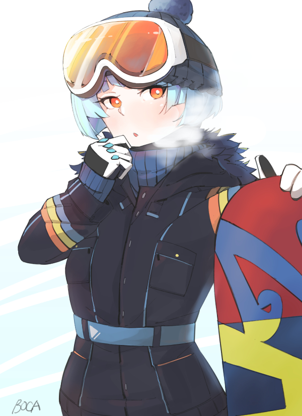 beanie belt black_jacket blue_hair blue_sweater boca breath commentary fur-trimmed_jacket fur_trim girls_frontline gloves goggles goggles_on_head gradient gradient_background hat jacket looking_at_viewer open_mouth orange_eyes pocket pom_pom_(clothes) ribbed_sweater short_hair signature snowboard solo strap sweater two-tone_background zas_m21_(girls_frontline) zipper