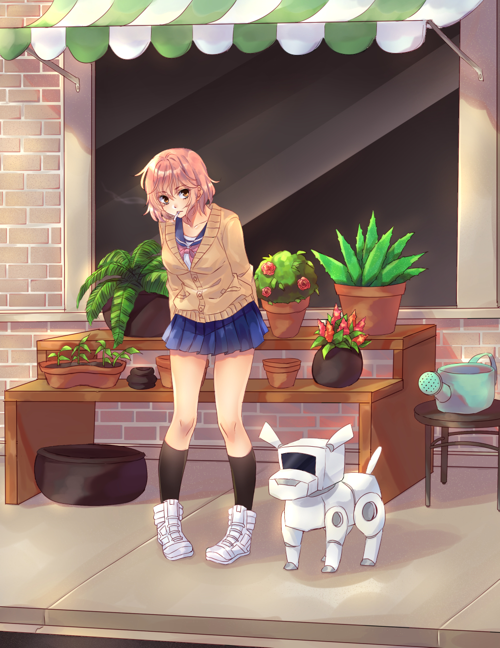 animal_robot arms_behind_back awning bangs black_legwear blue_skirt breasts brick_wall cactus cigarette collarbone day dog eyebrows_visible_through_hair fern flower hair_between_eyes highres ika_(ika-hime) kneehighs leaning_forward looking_at_viewer medium_breasts miniskirt mouth_hold neckerchief original outdoors pigeon-toed pink_hair pink_neckwear plant pleated_skirt potted_plant red_flower red_rose robot rose sailor_collar school_uniform serafuku shelf shoes short_hair sidewalk skirt smoking sneakers solo stool storefront watering_can window yellow_eyes