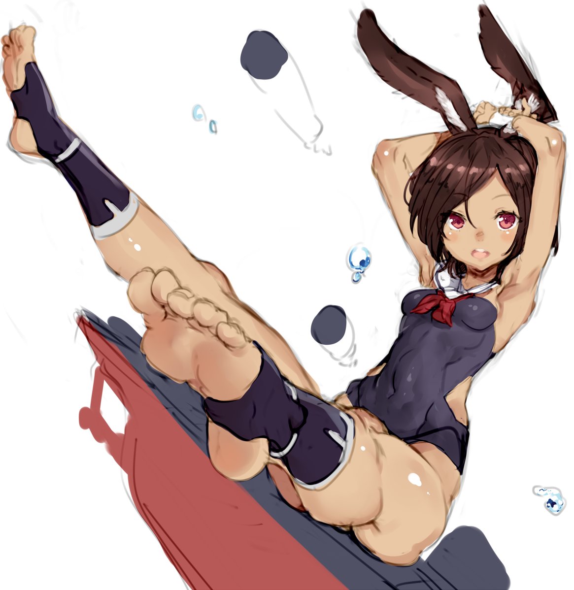 animal_ears armpits arms_up azur_lane bangs barefoot black_hair blue_legwear blue_swimsuit blush bracelet breasts bubble bunny_ears commentary_request covered_navel detached_collar dutch_angle feet foreshortening from_side highleg highleg_swimsuit hips i-26_(azur_lane) jewelry legs looking_at_viewer morikawa_(futomayu) neckerchief nontraditional_school_swimsuit one-piece_swimsuit open_mouth perspective pov_feet red_eyes red_neckwear sailor_collar school_swimsuit short_hair simple_background sitting sketch skin_tight small_breasts smile soles solo stirrup_legwear strapless strapless_swimsuit submarine submerged swept_bangs swimsuit tan toeless_legwear toes toned underwater upper_teeth watercraft white_background white_sailor_collar