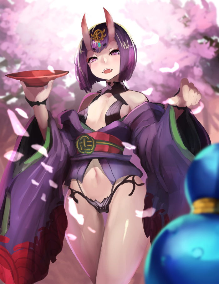 breasts cherry_blossoms cowboy_shot crossed_legs cup eyebrows_visible_through_hair eyeshadow fangs fate/grand_order fate_(series) gourd groin headpiece holding horns japanese_clothes kimono long_sleeves looking_at_viewer makeup navel obi oni oni_horns open_clothes open_kimono petals pink_pupils purple_eyes purple_hair purple_kimono sakazuki sash short_hair shuten_douji_(fate/grand_order) small_breasts solo standing straight_hair teeth thigh_gap thighs ton_(artist) watson_cross wide_sleeves