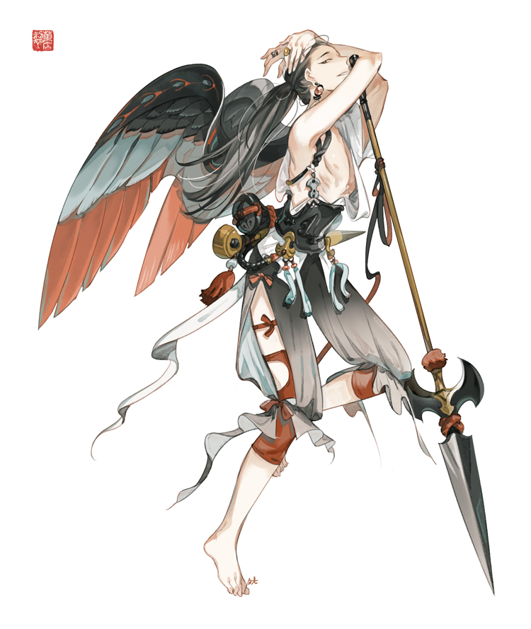 abs arms_up bird_wings black_hair brown_eyes earrings fantasy full_body jewelry long_hair male_focus original planted_weapon polearm ponytail ring sideways_glance simple_background spear standing standing_on_one_leg weapon white_background wings zzinp