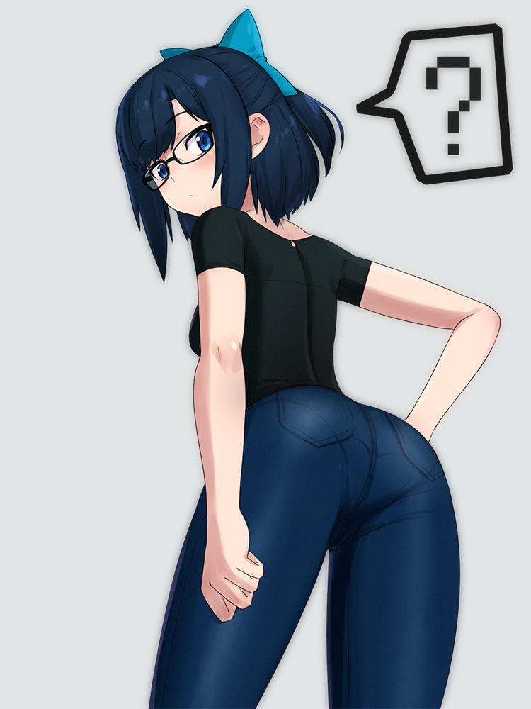 ? bangs black_shirt blue_bow blue_eyes blush bow commentary denim from_behind glasses grey_background hair_bow iwahana jeans looking_at_viewer pants pantylines pocket shirt short_hair short_ponytail simple_background solo t-shirt tokino_sora_channel virtual_youtuber yuujin_a_(tokino_sora_channel)