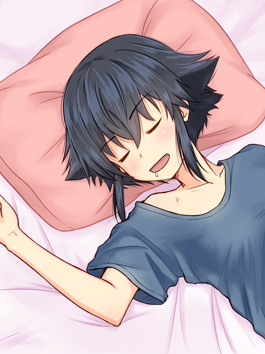 bangs bed_sheet black_hair closed_eyes collarbone drooling eyebrows_visible_through_hair from_above girls_und_panzer grey_shirt hair_between_eyes highres lying on_back open_mouth pepperoni_(girls_und_panzer) pillow ruka_(piyopiyopu) shirt short_hair_with_long_locks short_sleeves sidelocks sleeping solo upper_body