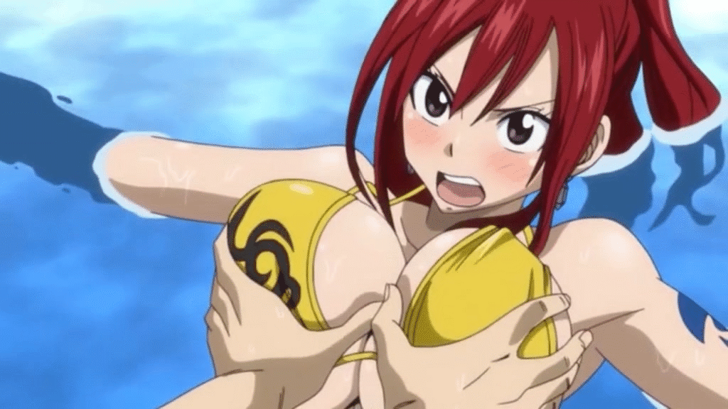 animated animated_gif bikini breast_grab breasts cleavage erza_scarlet fairy_tail large_breasts long_hair red_hair swimsuit