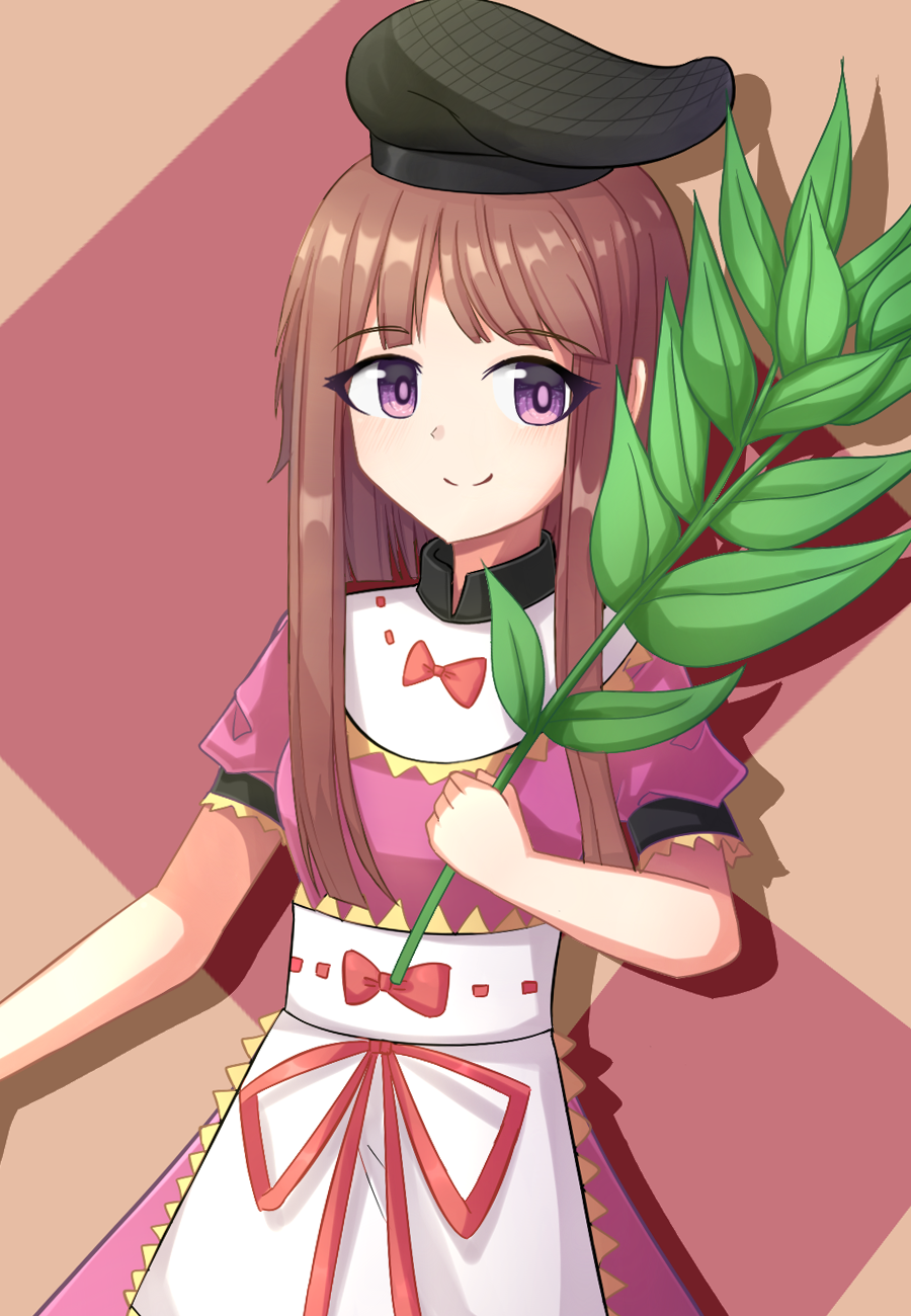 apron arm_up bad_id bad_pixiv_id bangs brown_hair capelet dress drop_shadow eyebrows_visible_through_hair hat highres holding_plant long_hair looking_at_viewer myouga_(plant) nishida_satono pink_dress puffy_short_sleeves puffy_sleeves purple_eyes short_sleeves sidelocks simple_background solo standing swept_bangs tate_eboshi touhou two-tone_background upper_body waist_apron yu_cha