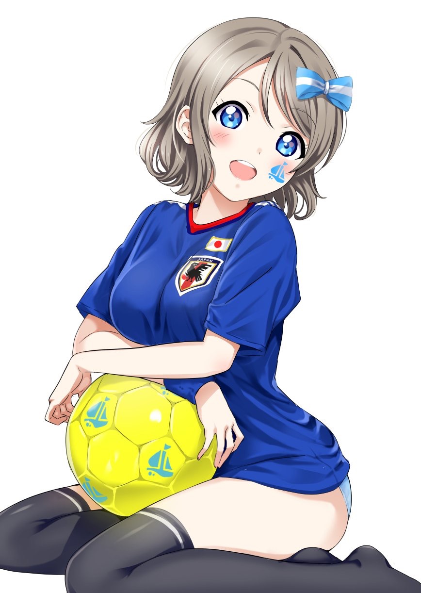 2018_fifa_world_cup ball bangs black_legwear blue_eyes blue_panties blue_shirt blush bow breasts crossed_arms eyebrows_visible_through_hair facepaint grey_hair hair_between_eyes hair_bow highres japan japanese_flag looking_at_viewer love_live! love_live!_sunshine!! md5_mismatch medium_breasts no_pants open_mouth panties rozen5 shirt short_hair simple_background sitting smile soccer soccer_ball soccer_uniform solo sportswear sweatband tattoo thighhighs thighs underwear watanabe_you white_background white_panties world_cup yokozuwari