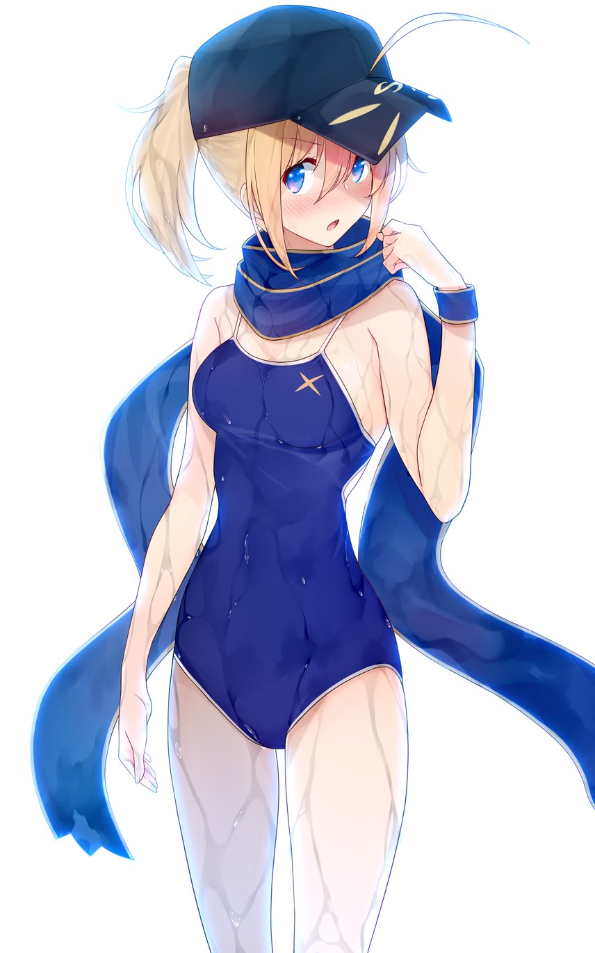 :o ahoge amami_amayu arm_at_side artoria_pendragon_(all) bangs bare_shoulders baseball_cap black_hat blonde_hair blue_eyes blue_hat blue_scarf blue_swimsuit blush breasts clenched_hand collarbone commentary competition_school_swimsuit cowboy_shot eyebrows_visible_through_hair eyelashes fate/extella fate/extra fate/grand_order fate_(series) fingernails hair_through_headwear hand_to_own_mouth hand_up hat highres legs_apart long_fingernails looking_at_viewer mysterious_heroine_x nose_blush one-piece_swimsuit open_mouth ponytail rojiura_satsuki:_chapter_heroine_sanctuary scarf school_swimsuit short_hair sidelocks simple_background small_breasts solo standing swimsuit v-shaped_eyebrows walking wet wet_clothes wet_hair wet_swimsuit white_background wristband