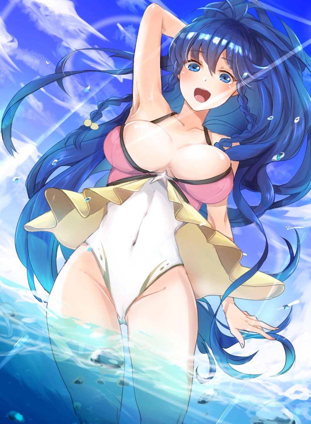 alternate_costume arm_behind_head armpits bare_shoulders blue_eyes blue_hair blue_sky blush braid breasts cleavage cloud collarbone commentary dark_blue_hair day eyebrows_visible_through_hair fire_emblem fire_emblem:_seima_no_kouseki fire_emblem_heroes highres large_breasts light long_hair looking_at_viewer nekolook open_mouth ponytail sky solo swimsuit tana thighs twin_braids wading water_drop