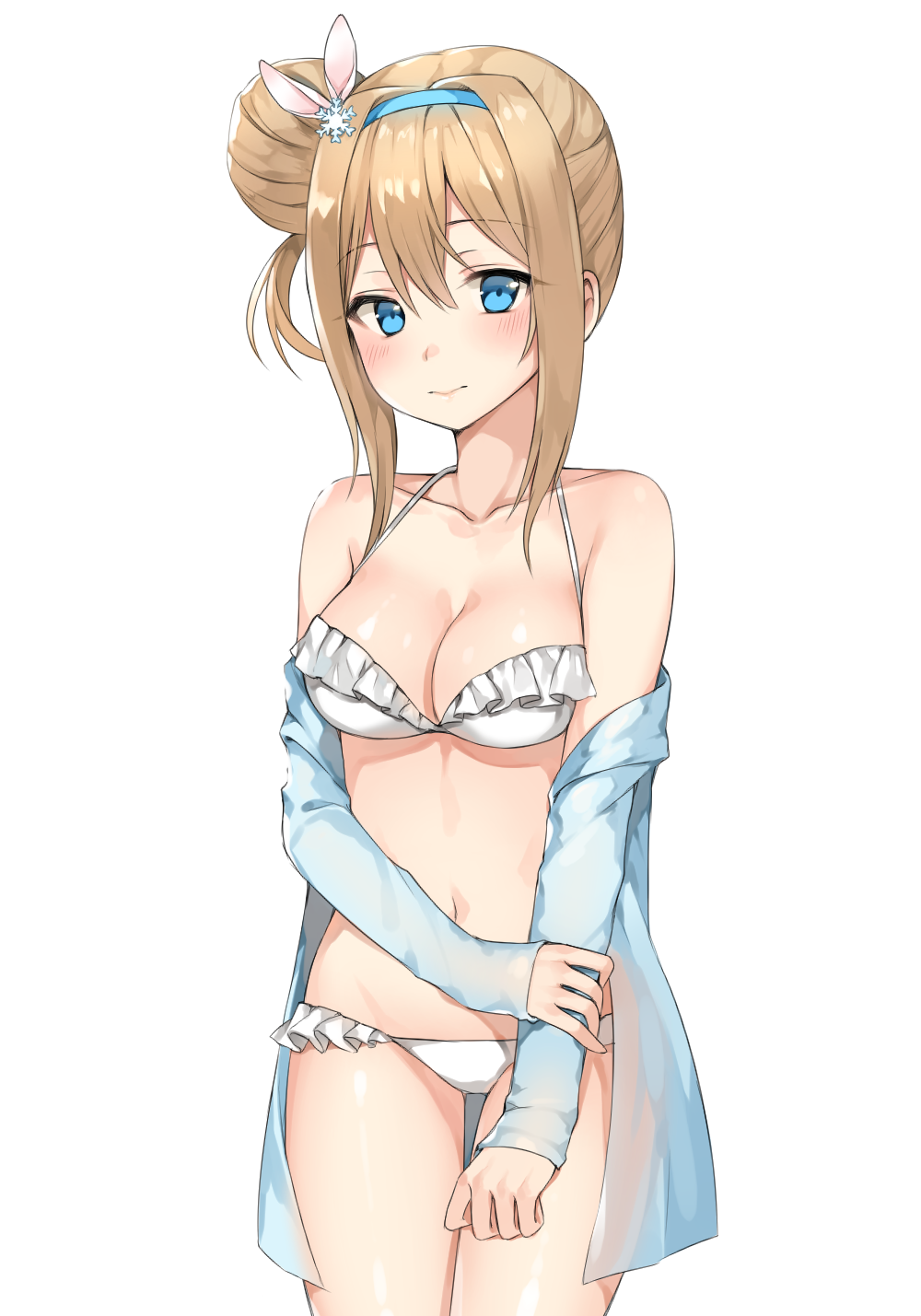 alternate_costume alternate_hairstyle bangs bikini blonde_hair blue_eyes blue_shawl blush breasts canape_(canape0130) cleavage closed_mouth collarbone commentary cowboy_shot eyebrows_visible_through_hair frilled_bikini frills girls_frontline hair_between_eyes hair_ornament hairband hand_on_own_arm head_tilt highres long_hair looking_at_viewer medium_breasts navel off_shoulder open_clothes open_shirt see-through shirt side_bun sidelocks signature simple_background smile snowflake_hair_ornament solo stomach suomi_kp31_(girls_frontline) swimsuit thighs white_background