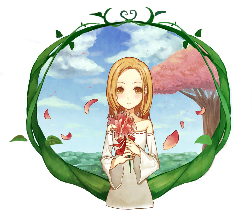 bare_shoulders blonde_hair blue_sky blush brown_eyes closed_mouth cloud cloudy_sky detached_sleeves dress elaine flower holding holding_flower long_hair long_sleeves looking_at_viewer nanatsu_no_taizai pink_flower pink_petals red_ribbon ribbon ribbon-trimmed_clothes ribbon-trimmed_sleeves ribbon_trim sky smile tao_(tao1805) tree upper_body white_dress yellow_eyes