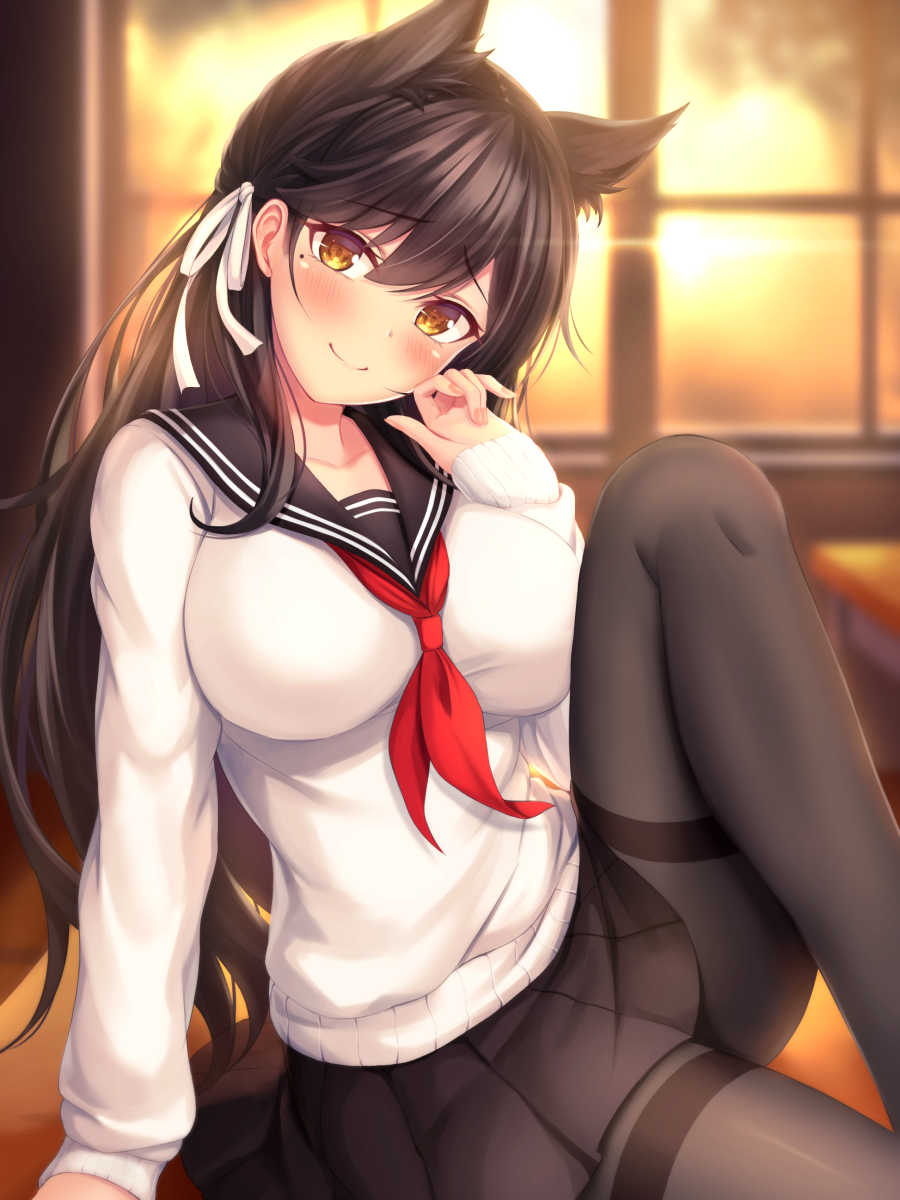alternate_costume animal_ears atago_(azur_lane) azur_lane bangs black_hair black_legwear black_skirt blurry blurry_background blush breasts brown_eyes classroom closed_mouth commentary_request crossed_arms evening extra_ears eyebrows_visible_through_hair hair_between_eyes hair_ornament hair_ribbon hand_up head_tilt highres knee_up large_breasts long_hair long_sleeves looking_at_viewer mole mole_under_eye mutsuba_fumi neckerchief on_table orange_sky pantyhose pleated_skirt red_neckwear ribbed_sweater ribbon sailor_collar school_uniform serafuku sidelocks sitting skirt sky smile solo sunlight sweater table thighband_pantyhose thighs underwear white_sweater