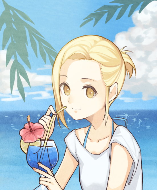 alternate_costume alternate_hairstyle bikini bikini_under_clothes blonde_hair closed_mouth cloud cloudy_sky collarbone commentary_request cup day drinking_glass drinking_straw elaine flower food fruit hibiscus holding holding_cup lemon lemon_slice looking_at_viewer nanatsu_no_taizai ocean outdoors red_flower shirt short_hair short_ponytail short_sleeves sky smile solo swimsuit t-shirt tao_(tao1805) tropical_drink white_shirt yellow_eyes