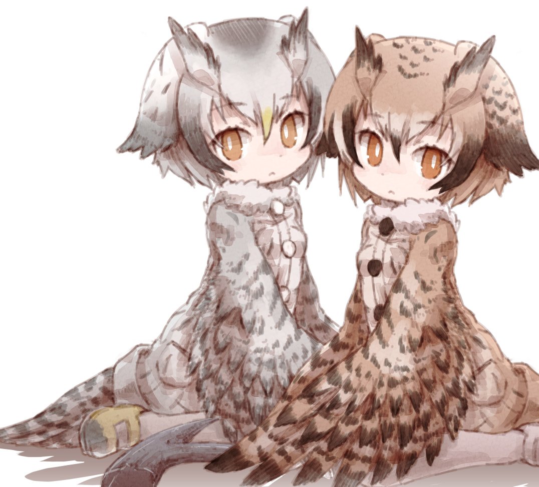 alternate_costume bird_tail bird_wings brown_hair coat commentary eurasian_eagle_owl_(kemono_friends) eyebrows_visible_through_hair feathered_wings feathers fur_collar head_wings kemono_friends kolshica multicolored_hair multiple_girls northern_white-faced_owl_(kemono_friends) owl_ears pantyhose short_hair sitting wariza white_hair winged_arms wings