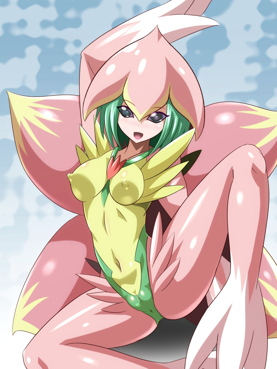 1girl artist_request bandai breasts digimon female happy large_breasts lilamon looking_at_viewer monster_girl nipples partially_visible_vulva plant_girl shiny shiny_skin smile solo spread_legs wings