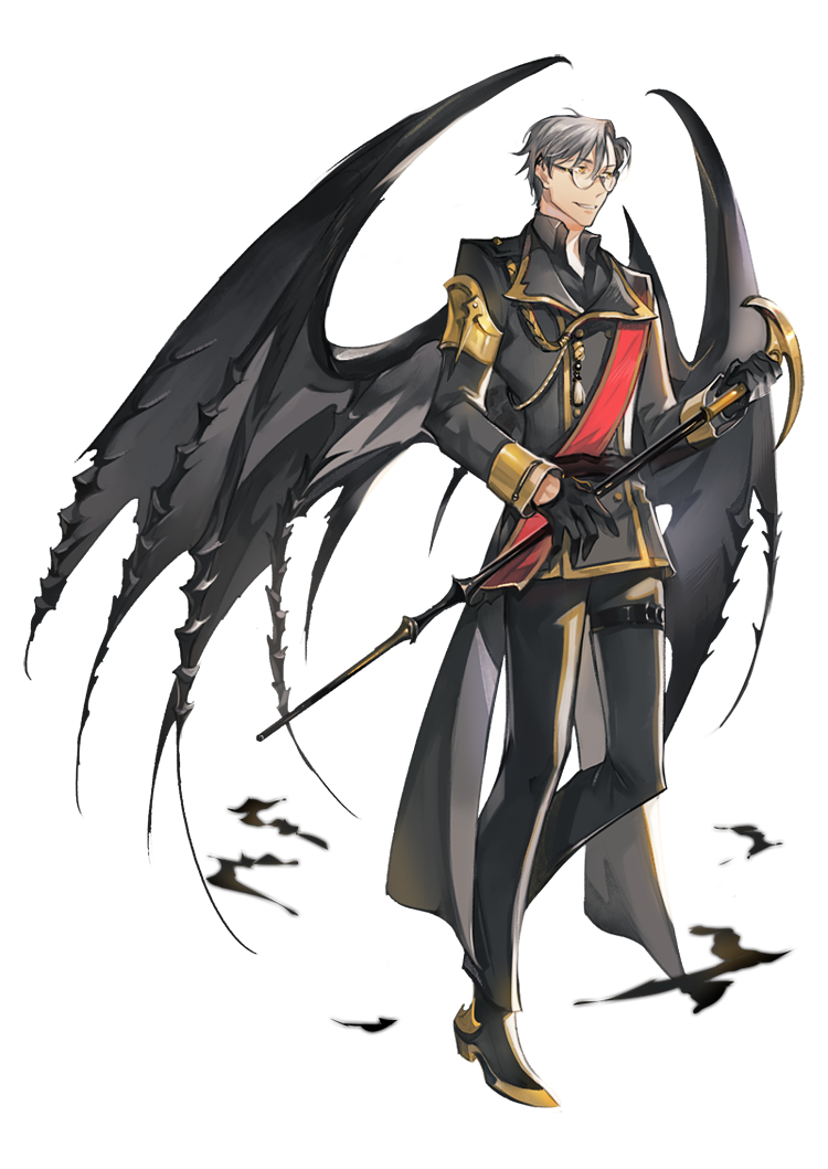 black_footwear black_gloves black_pants black_wings collared_shirt full_body glasses gloves grey_hair holding holding_staff long_sleeves looking_to_the_side male_focus original pants parted_lips shirt shoes staff standing thigh_strap transparent_background wings zzinp