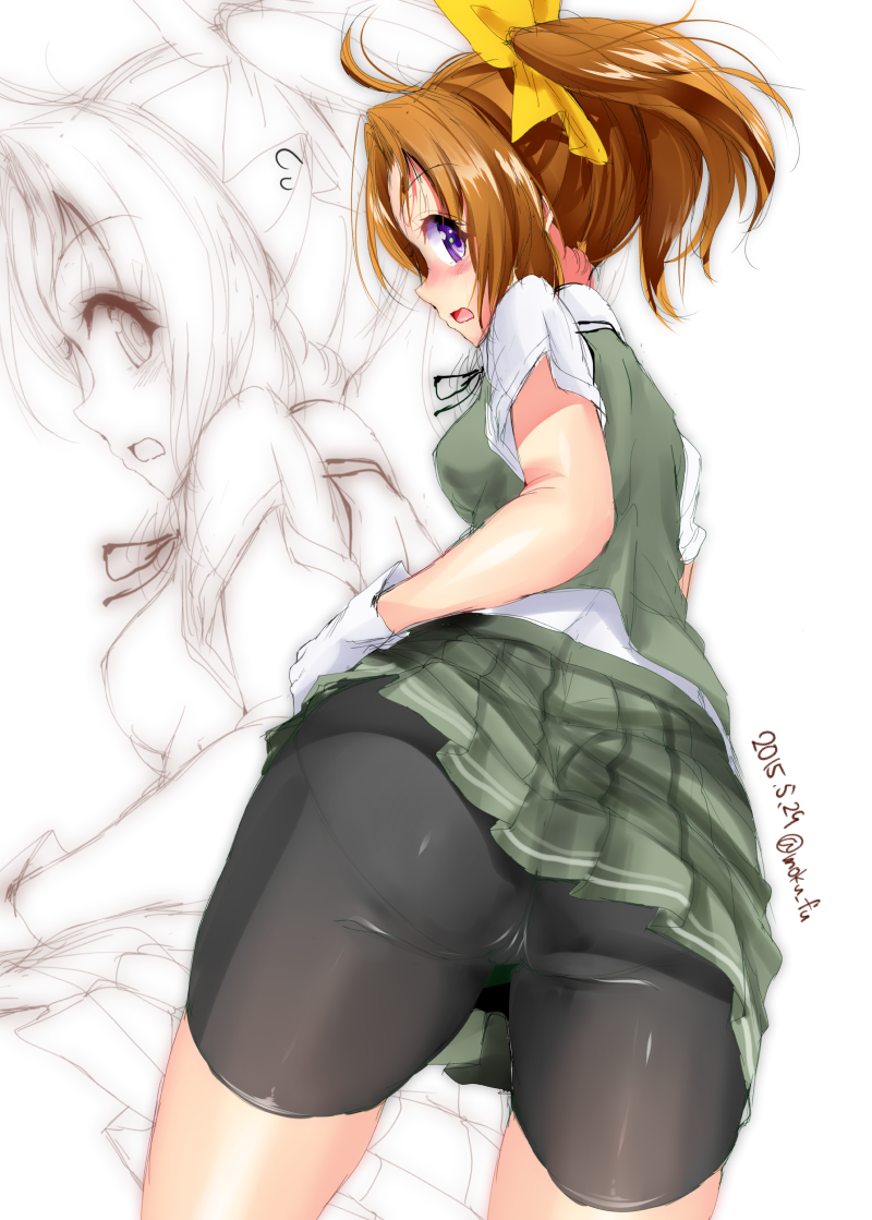 ahoge ass bike_shorts blush brown_hair collared_shirt dated gloves green_skirt green_vest hair_ribbon kagerou_(kantai_collection) kantai_collection looking_at_viewer looking_back mokufuu open_mouth pleated_skirt purple_eyes ribbon school_uniform shirt short_sleeves shorts shorts_under_skirt skirt solo sweater_vest thighs twintails twitter_username vest white_background white_gloves white_shirt yellow_ribbon zoom_layer