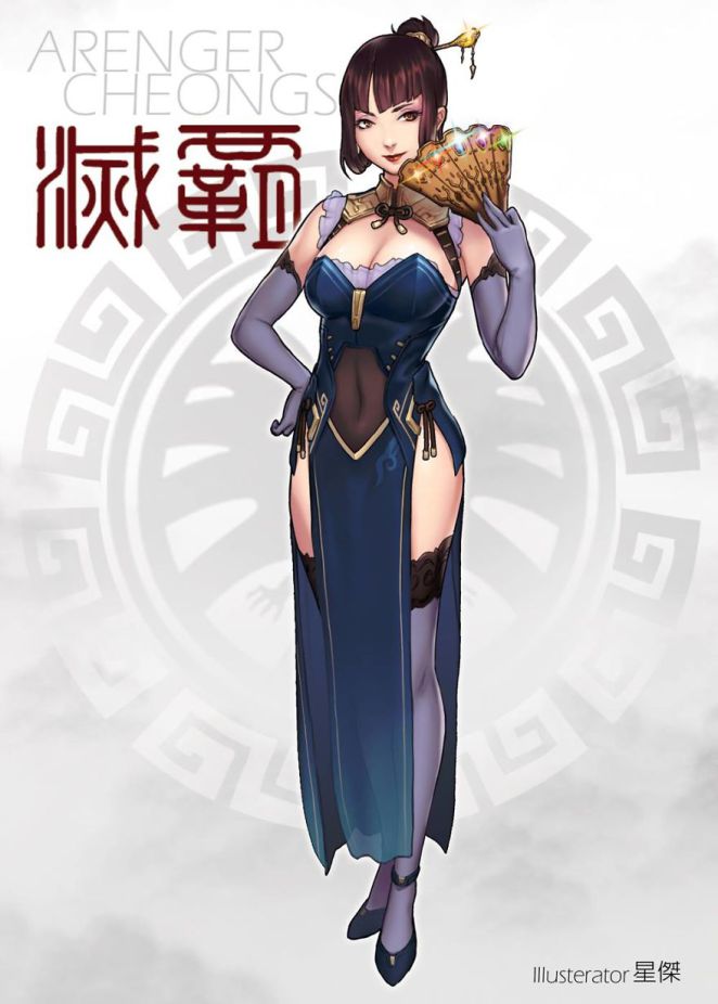 adapted_object avengers:_infinity_war breasts brown_hair china_dress chinese_clothes cleavage_cutout dress elbow_gloves fan folding_fan full_body gem genderswap genderswap_(mtf) gloves hair_ornament hair_stick hand_on_hip humanization infinity_gauntlet infinity_gems large_breasts marvel solo thanos thighhighs tied_hair