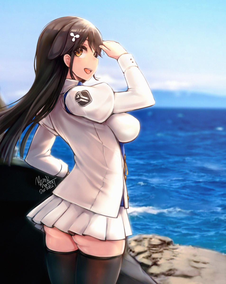 ass azur_lane bangs black_hair black_legwear blue_sky blurry blurry_background blush bow breasts choukai_(azur_lane) cloud commentary_request dated day eyebrows_visible_through_hair from_side hair_between_eyes hair_ornament hand_up highres large_breasts long_hair long_sleeves looking_at_viewer mappaninatta microskirt ocean open_mouth outdoors pleated_skirt shirt sidelocks signature skirt sky smile solo thighhighs thighs waves white_shirt