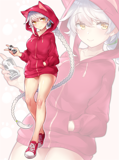 animal_ears animal_hood asymmetrical_hair bangs blush braid breasts can cat_ears collarbone commentary_request eyebrows_visible_through_hair hair_between_eyes hand_in_pocket hips hood hoodie jacket jitome kantai_collection large_breasts legs long_hair looking_at_viewer red_footwear red_jacket shoes silver_hair single_braid smile sneakers soda_can solo swept_bangs thighs unryuu_(kantai_collection) very_long_hair wavy_hair yamaarashi yellow_eyes