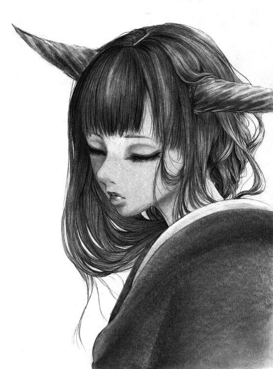 closed_eyes commentary_request graphite_(medium) greyscale hane_(azelye) horns japanese_clothes kimono monochrome original parted_lips simple_background solo traditional_media upper_body white_background