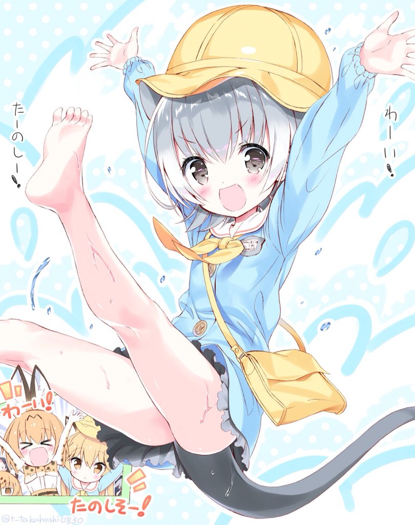 &gt;_&lt; \o/ animal_ears arms_up ass bag barefoot black_skirt blonde_hair blue_shirt brown_eyes closed_eyes commentary_request eyebrows_visible_through_hair ezo_red_fox_(kemono_friends) feet fox_ears grey_eyes hat jaguar_(kemono_friends) jitome kemono_friends kindergarten_bag kindergarten_uniform kneepits legs legs_up miniskirt multiple_girls name_tag open_mouth otter_ears otter_tail out_of_frame outstretched_arms school_hat serval_(kemono_friends) serval_ears shirt short_hair silver_hair skirt small-clawed_otter_(kemono_friends) smile soles splashing tail takahashi_tetsuya toes translated v-shaped_eyebrows water wet