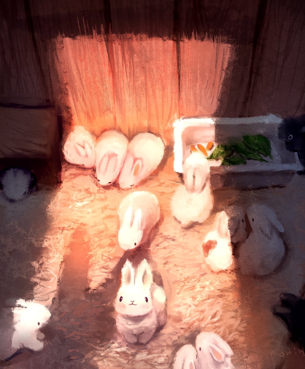 animal animal_focus black_eyes bunny carrot closed_eyes commentary_request eating highres indoors looking_at_viewer manino_(mofuritaionaka) no_humans original scenery sepia sleeping too_many too_many_bunnies