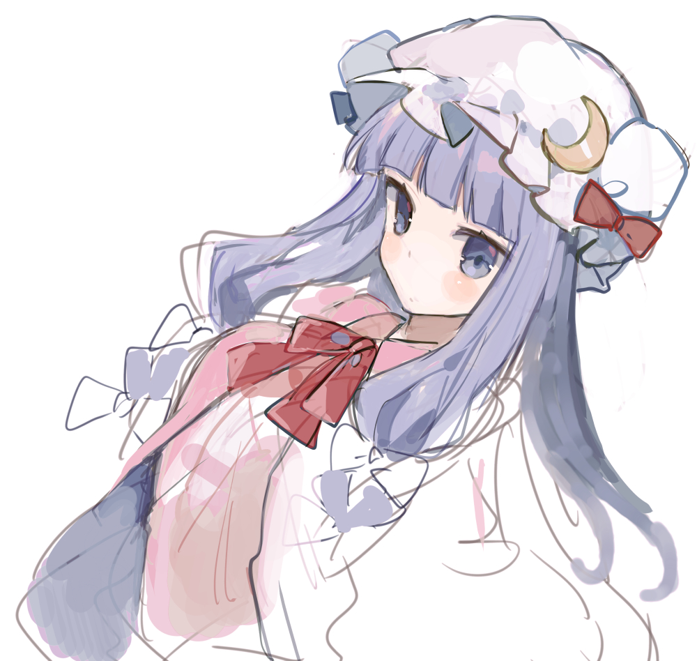 bangs blunt_bangs blush bow closed_mouth crescent crescent_moon_pin dress hat hat_bow hat_pin ikeuchi_tanuma long_hair looking_at_viewer neck_ribbon patchouli_knowledge pillow_hat purple_eyes purple_hair red_bow red_neckwear red_ribbon ribbon simple_background sketch solo touhou white_background white_hat