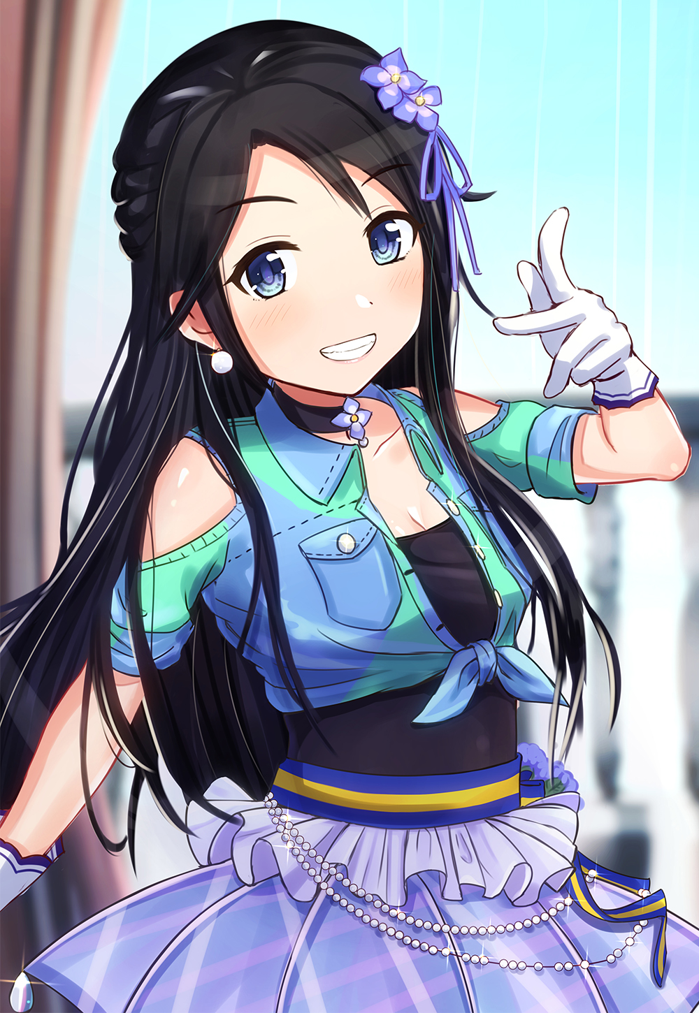 black_hair blue_eyes blush breasts cleavage collarbone commentary_request dress earrings flower gloves hair_down hair_flower hair_ornament highres hydro_p idolmaster idolmaster_shiny_colors jacket jewelry long_hair looking_at_viewer mitsumine_yuika smile solo