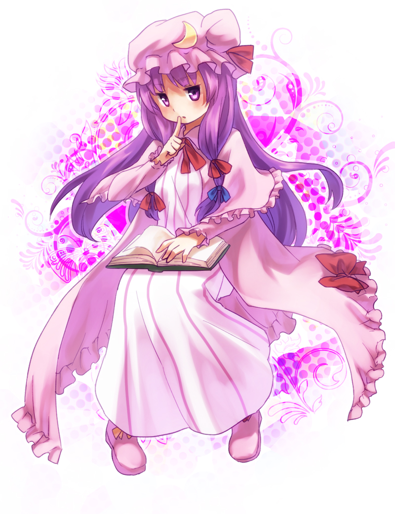 bangs blue_ribbon book bow capelet crescent dress eyebrows_visible_through_hair finger_to_mouth frilled_capelet frills fujiymn full_body hair_ribbon hat hat_ornament index_finger_raised long_hair long_sleeves looking_at_viewer mob_cap open_book patchouli_knowledge pink_capelet pink_dress pink_footwear pink_hat purple_eyes purple_hair red_bow red_ribbon ribbon shoes sitting solo straight_hair striped touhou tress_ribbon vertical-striped_dress vertical_stripes very_long_hair