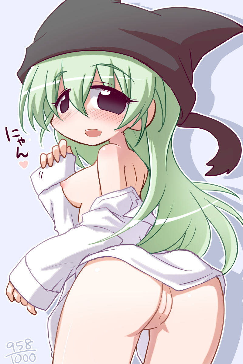1girl ass beanie blush breasts cat_hood female from_behind green_hair ikkyuu long_hair looking_back nipples off_shoulder open_mouth original pussy sleeves_past_wrists solo uncensored