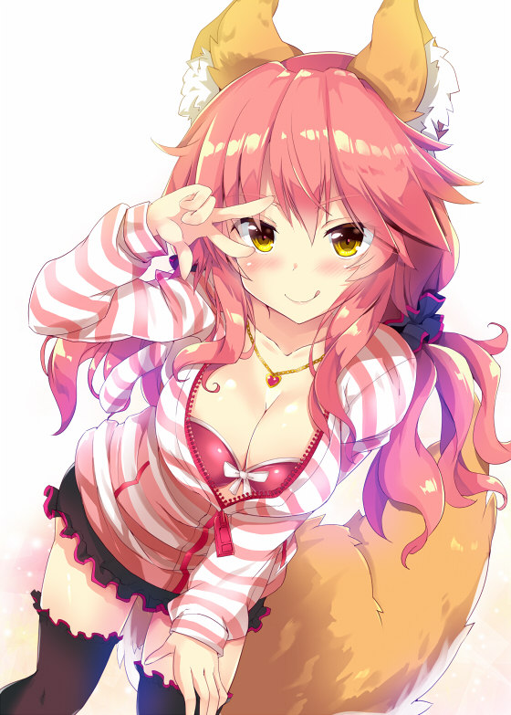 :q animal_ear_fluff animal_ears black_legwear black_scrunchie breasts casual cleavage fate/extra fate_(series) fox_ears fox_tail hair_ornament hair_scrunchie large_breasts leaning_forward looking_at_viewer maruchan. partially_unzipped pink_hair scrunchie short_shorts shorts simple_background smile solo standing striped striped_jacket tail tamamo_(fate)_(all) tamamo_no_mae_(fate) thighhighs tongue tongue_out v v_over_eye white_background yellow_eyes