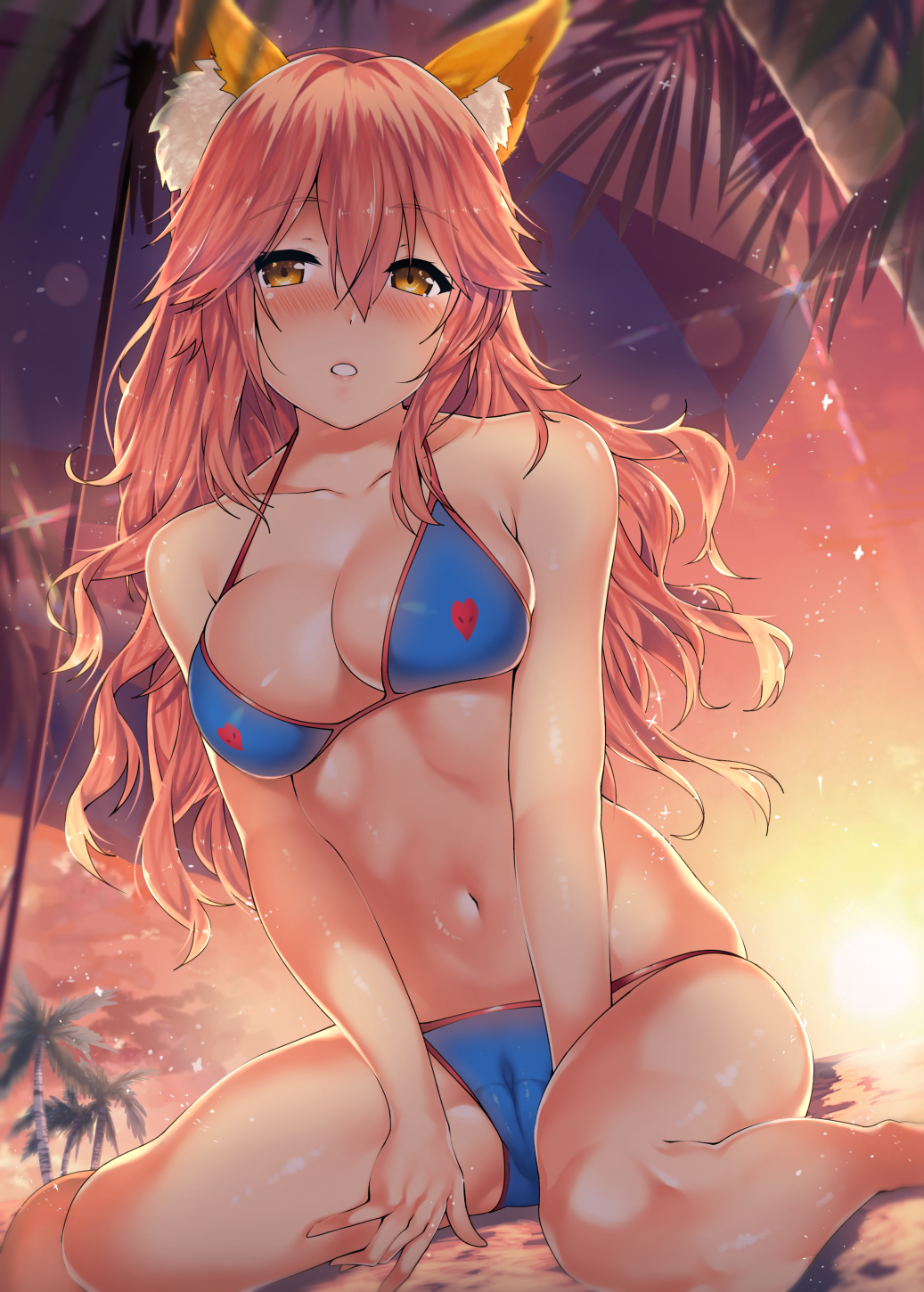 animal_ear_fluff animal_ears beach between_legs bikini blue_bikini blue_hawaii blue_sky blush breasts cameltoe cleavage cloud collarbone day eyebrows_visible_through_hair fate/extra fate/grand_order fate_(series) fox_ears hair_between_eyes hand_between_legs highres kawai large_breasts long_hair looking_at_viewer navel outdoors parted_lips pink_hair shiny shiny_skin side-tie_bikini sitting sky solo sunset swimsuit tamamo_(fate)_(all) tamamo_no_mae_(fate) tamamo_no_mae_(swimsuit_lancer)_(fate) tree wariza yellow_eyes