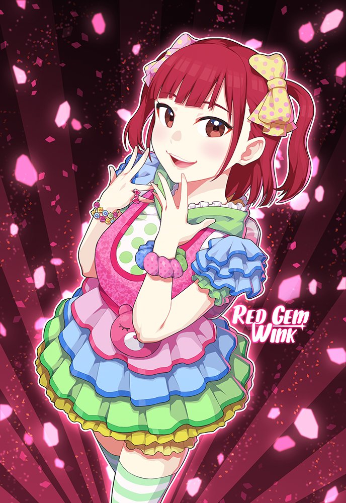 bangs bow bracelet brown_eyes chu_kai_man commentary_request dress frilled_dress frilled_sleeves frills furihata_ai hair_bow hands_up idol jewelry kurosawa_ruby love_live! love_live!_sunshine!! medium_hair multicolored multicolored_clothes multicolored_dress multicolored_scrunchie open_mouth pastel_colors petals pink_background pink_bow pinky_ring polka_dot polka_dot_bow red_hair round_teeth scrunchie seiyuu seiyuu_connection smile solo striped striped_legwear sunburst teeth thighhighs too_many too_many_frills two_side_up upper_teeth wrist_scrunchie yellow_bow