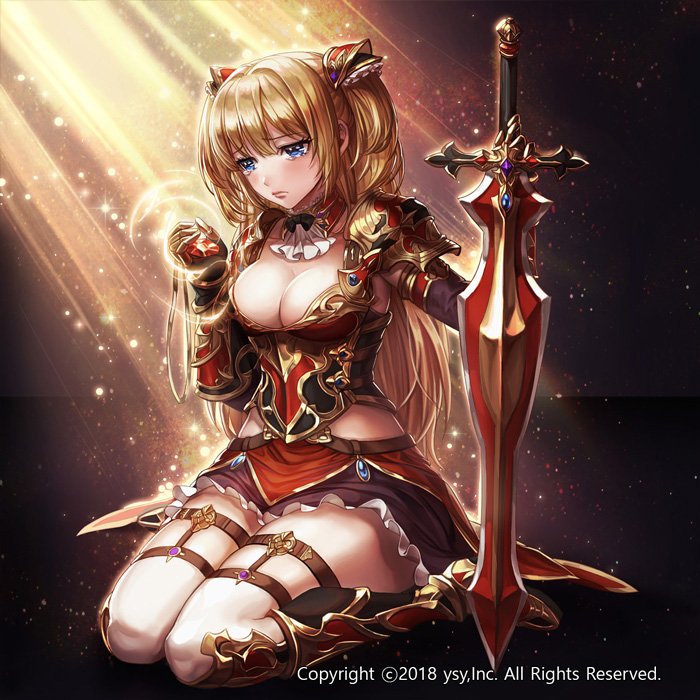 2018 armored_boots bangs black_bow black_gloves black_neckwear blonde_hair blue_eyes boots bow bowtie box_(hotpppink) breasts brown_skirt cleavage closed_mouth collarbone commentary_request company_name detached_collar elbow_gloves eyebrows_visible_through_hair fingerless_gloves full_body gauntlets gem gloves gold_trim greaves hair_ornament holding holding_necklace holding_sword holding_weapon jewelry legs_together light_particles light_rays long_hair looking_down medium_breasts necklace official_art pauldrons pendant plackart red_footwear red_skirt revolve shiny shiny_hair sidelocks sitting skirt solo sparkle sword tears thigh_strap thighhighs two_side_up wariza watermark weapon white_legwear