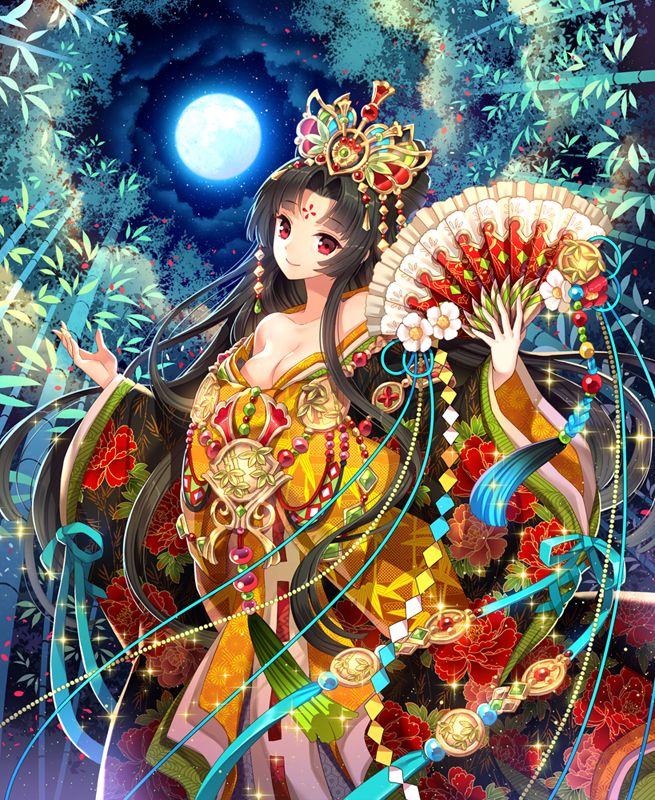 bare_shoulders black_hair breasts cleavage fan floral_print flower full_moon japanese_clothes kimono long_hair long_sleeves medium_breasts moon nardack night night_sky open_mouth original red_eyes sky smile solo star_(sky)