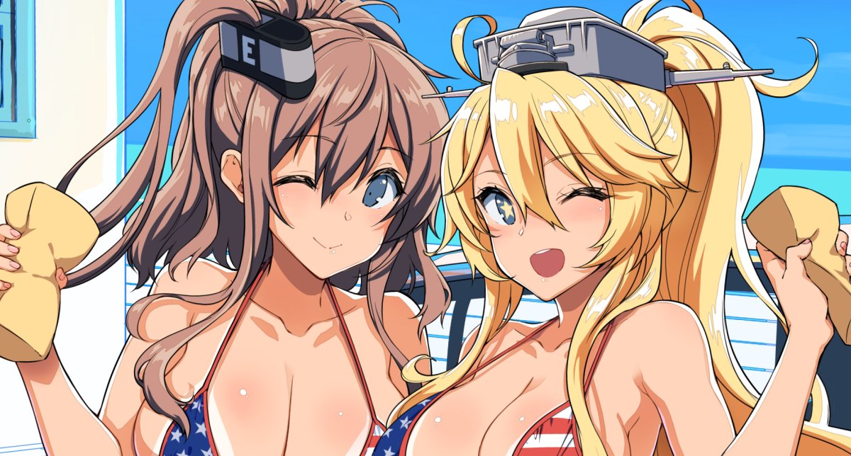 american_flag_bikini bikini blonde_hair blue_eyes breasts brown_hair cleavage collarbone commentary_request eyebrows_visible_through_hair flag_print hair_between_eyes hair_ornament headgear iowa_(kantai_collection) kantai_collection kekocha large_breasts light_blush long_ponytail looking_at_viewer multiple_girls one_eye_closed open_mouth ponytail saratoga_(kantai_collection) side_ponytail sidelocks smile smokestack sponge star star-shaped_pupils swimsuit symbol-shaped_pupils tan tanline